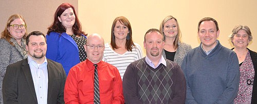 Members of the Stewartville Area Chamber of Commerce Board of Directors for 2019 include, front row, from left, Dylan Smallwood of First Farmers & Merchants Bank and Robert Hruska of Fareway, directors; Mike Rainey of Bremer Bank, president; and Nick Johnson of Thrivent Financial, vice president. Back row, from left, Gwen Ravenhorst, administrator; April Crom of Wells Fargo Bank, past president; Alisha Nelson of First American Insurance Services and Megan Romans of Mary Kay Cosmetics, directors; and Myrna Welter, Chamber membership coordinator.  Jared Johnson and David Hildebrandt, directors, are not pictured.