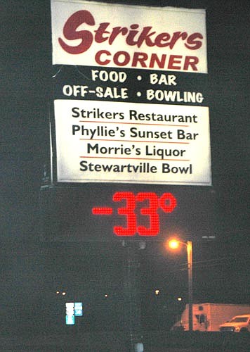 A&#8200;winter storm dumped about 7.3 inches of snow on Stewartville and the area, closing local schools on Monday, Jan. 28. Here, the Strikers Corner sign flashes -33 degrees Fahrenheit on Jan. 31 at about 6 a.m.