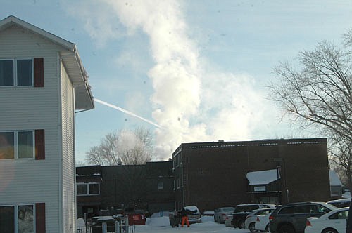 The temperature plummeted to 33 degrees below zero Fahrenheit in Stewartville and the area early on Thursday morning, Jan. 31. Above, vapor from the Stewartville Care Center's heating system rises into the cold morning air.