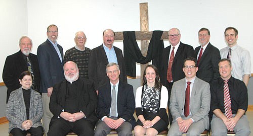 The Stewartville Ministerium hosted the annual Ecumenical Good Friday service at the Stewartville Civic Center on Friday morning, April 19. Pastors/ministers who participated in or attended the service included, front row, from left, Becky Hoot, Stewartville Christian Church; Father Kevin Connolly, St. Bernard's and St. Bridget's Catholic churches; Byron Meline and Kim Kyllo, both of Zion Lutheran Church; Lance Lorenz, Pleasant Grove Church of Christ; and Andrew Langseth, Grace Evangelical Free Church. Back row, from left, Dave Hoot, Stewartville Christian Church; Paul Langmade, Grace Evangelical Free Church; Bob Bergland, retired pastor; Rick Scott, Stewartville Assembly of God; Wane Souhrada, Stewartville United Methodist Church; Dr. John Grams, Grace Evangelical Free Church; and Chad Skaran, Redemption Hill Church.