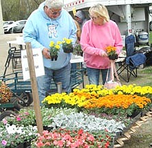 Jerry Hampel and Cindy Erickson of Stewartville inspect the flowers for sale near the Grisim School Bus, Inc. bus barn during the 35th annual Stewartville Citywide Garage Sale on a cold, cloudy and blustery Thursday afternoon, May 9. In all, 118 local and area homeowners officially registered to offer items for the sale, held from Thursday, May 9 through Saturday, May 11. Traditionally, hundreds of shoppers and browsers from Minnesota and Iowa crowd into Stewartville to search for good deals among the many garages.