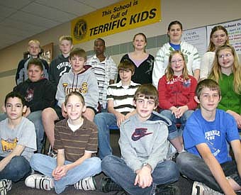 GOOD ATTITUDES -- The STewartville Kiwanis Club sponsors a Terrific Kids program to honor Stewartville Middle School sixth-graders for making good citizenship decisions at school. "Terrific" is an acronym for thoughtful, enthusiastic, respectful, responsible, influential, friendly, impeccable and caring. Terrific Kids for the weeks of April 7-11, April 14-18 and April 21-25 include, front row, from left, Steve Sheely, Casey Swanton, Jacob Vetsch and Austin Atkinson. Seated, from left, Lukas Bleifus, Cody Stanger, Josh Nordine, Holly Gebel and Raven Blahnik.  Back row, from left, Adam Waugh, Bailey Herman, Maurice Hawthorne, Krista Kenning, Josie Hoot and Taylor Zea. 