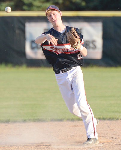 Legion shortstop Cade Looney makes the relay to first base for an easy out in Stewie's 7-6 win over Dodge Center.