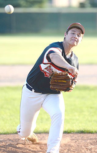 General starting pitcher Nathan Johnson hurls the heat during Stewie's 7-6 win over Dodge Center.