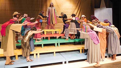 Joseph (Dave Stepan), center, has become the second-most powerful man in Egypt, as depicted in a dress rehearsal for the Stewartville Community Education Theatre production of Joseph and the Amazing Technicolor Dreamcoat, scheduled to continue with three more performances this weekend.