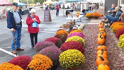 Arden and Sharon Harberts of Stewartville take a look at the mums and pumpkins lined up near the Morning Lions station.