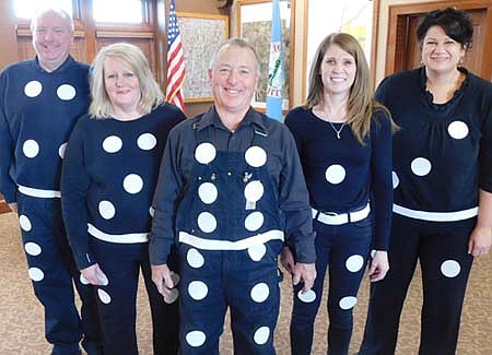 Stewartville Area Chamber of Commerce businesses and organizations offered Halloween treats to children and their families on Thursday, Oct. 31. Here, the staff at Stewartville City Hall poses as a set of dominoes. Staffers include, from left, Bill Schimmel Jr., city administrator; Laurel Jacobs, deputy clerk; Mayor Jimmie-John King; Karla Strain, finance director; and Angelie Hovey, accounting clerk.