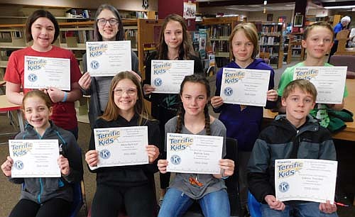 The Stewartville Kiwanis Club sponsors a Terrific Kids program to honor Stewartville Middle School sixth graders who work hard and have a good attitude at school. Terrific Kids for the second quarter of the 2019-20 school year include, front row, from left, Nora Rowley, Alexa Buntrock, Matilda Dube and Zakary Treichel. Back row, from left, Samantha Jagusch, Abby Petrich, Alexis Malone, Reid Johnson and Carson Vogel. Other Terrific Kids not pictured include Cody Clark, Dylan Doherty, Miko Hoot, Olivia Jesson and Abigail Langseth. Janice Hagen of the Kiwanis Club told the students at an assembly that each letter in the word "Terrific" stands for a different characteristic of a Terrific Kid: T is for thoughtful, E is for enthusiastic, R is for respectful, R is for responsible, I is for inclusive, F is for friendly, I is for inquisitive and C is for capable. "We encourage people like you to be the best you can be," Hagen said. "We like to come and give encouragement so you can be the best student, the best friend, and the best citizen."