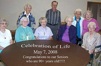 A CAUSE FOR CELEBRATION -- Senior citizens age 90 and older were honored at a Celebration of Life luncheon at the Stewartville Senior Center on Wednesday, May 7. Those honored include, front row, from left, Myrtle Tebay, Alphia Riehl, Mildred Peterson, Mabel Jans and Ruby Jans. Back row, from left, June Clark, Harley Boettcher, Eleanor House and Agnes Griffin. 