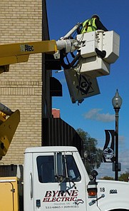 On Friday, Oct. 15, workers from Bryne Electric removed the outdoor Masonic sign from the top floor of the Main Street building where the Lodge has met for many years. Stewartville Masonic Lodge No. 203 is moving, at least temporarily, to Pleasant Grove.