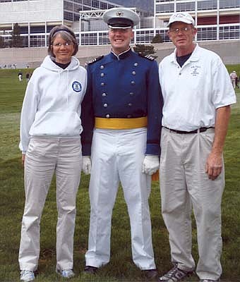Jared Thompson, who graduated from the United States Air Force Academy in May, is flanked by his parents, John and Sue Thompson. Thompson graduated with a class of 1,000 cadets. "It was a really intensive experience," he said of his military, academic and athletic training. "It was a big, long mental challenge."                             submitted photos  