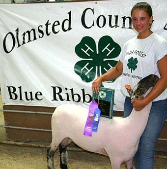 Mary Hurley of the High Forest Chippewa Champions, champion speckle market lamb. 