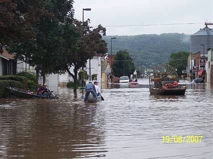 The only way to get thru the streets in Rushford after the flood on Aug. 19, 2007. 