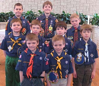 The following scouts from Pack 156 took part in Scout Sunday February 7th at St. Bernard's parish.  Front row:  Declan Schemmel and Nicholas Lechtenberg.  Middle row: Patrick Miller, Nathan Edholm, Joseph Rusciano, and Sean Boland.  Back row: Kevin Christian, Matthew Pierick, and Jacob Edholm.  