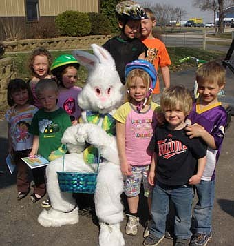 An Easter bunny visited with kids at the Stewartville Child Care Center on Thursday, April 1. Pictured with the Easter bunny (Cole Hintz) from left counter clockwise, are Olivia Larson, Caden Boehm, Kayla Stevens, Dylan Hoot, Ian Hoot, Zeke Zodrow, Isaac Larson, McKenzie Boehm and Zoey Zodrow.  