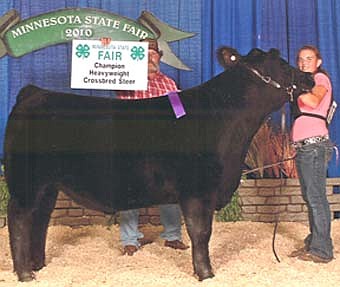 Linzie Schunke is pictured with her heavyweight crossbred steer that won the grand championship at the Minnesota State Fair. The animal won its own class and its division over 30 other animals, and was then sold at auction.                                                                       