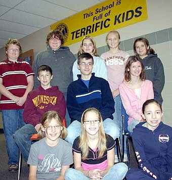 THEY'RE TERRIFIC -- The Stewartville Kiwanis Club sponsors a Terrific Kids program to honor Stewartville Middle School sixth-graders who make good citizenship decisions at school. "Terrific" is an acronym for thoughtful, enthusiastic, respectful, responsible, influential, friendly, impeccable and caring. Terrific Kids for the weeks of Oct. 1-5 and Oct. 8-12 include, front row, from left, Allyson Dale, Riley Paulson and Lindsay Bergeson. Second row, from left, Dain Bauman, Josh Rupprecht and Ashley Eberle. Standing, from  left, Shane Uptagrafft, Libby Lee, Amanda Lound, Maddie Hettinger and Brittany Miller. 