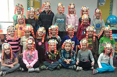 The kindergarten class of Lindsay Dick made turkey hats as are part of their being "thankful" day.  The entire school danced the Turkey Tango, they made edible cornucopias, and talked about what they were thankful for.  The kids were thankful for their family, friends, pets, school, and world. Pictured front row from left, Harlie Kirtz, Olivia Nierman, Talan Fauver, Owen Buckmeier, Sophia Oftedahl and Chloe Regal; middle row from left, Isabella Schwichtenberg, Logan Curtis, Ella Stier, Brayden Suess, Logan Quam, Caden Boehm and Addison Emmons; back row from left, Essence Williams-Bell, Sydney Schmidt, William Jones, Cole Underwood, Brandon Terry, Emma Zahradnik, Alexis Petersen, Zachary Plenge and Grayson Paulson. 