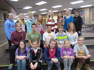 Students at Stewartville Middle School who earned a 4.0 grade point average on a 4.0 scale for the first quarter of the 2012-13 school year include, front row, from left, sixth-graders Emily Schlechtinger, Laura Pedelty, Marisa Goff, Ellie Fryer and Sydney Clausen. Second row, from left, seventh-graders Emma Welch, Nathan Swisher, Kenneth Riley, Shawn Husgen and Bobbie Hart. Back row, from left, eighth-graders Elizabeth Becker, Rachel Blomquist, Emma Dwire, Julie Lanzel, Kara O'Byrne, Jessica Pedelty, Rachel Schwalbach and Alex Vande Loo.