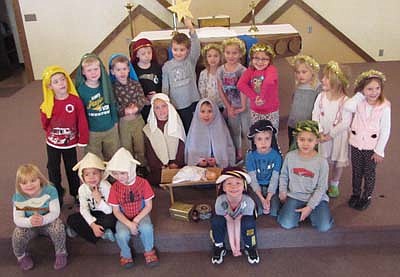 The children who attend Wee Care at St. John's Lutheran Church presented the story of Jesus's birth at the church in December. Students who attended dress rehearsals for the event included Mrs. Kathy Dux's Monday, Wednesday and Thursday butterfly class and Mrs. Lori Torgerson's Monday and Wednesday butterfly class.    