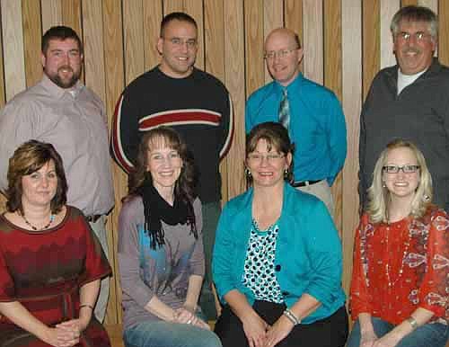 Members of the Stewartville Area Chamber of Commerce Board of Directors for 2013 include, front row, from left, Lonnie Boe, director; Angela Carr, first vice president; Deann Stowers, president; and Melissa Sue Martin, administrator. Back row, from left, Matt Smidt and Ryan Davis, directors; Robert Hruska, second vice president; and Mark Podein, past president. Jim Kuisle, another director, was not present when the photo was taken.