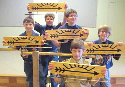 Cub Scouts from Pack 156, Den 5 crossed over to Boy Scouts during a ceremony at the Stewartville American Legion Post 164 on Sunday, Feb. 24. The Webelos who took part in the bridging ceremony included, in front, Nathan Edholm, and in back, from left, Nicholas Bruhnke, Mitchell Jay, Ian Ross and William Mueller. All the boys earned the Arrow of Light Award, the highest honor in Cub Scouts. Nathan, Nicholas, Mitchell and Ian also received the Super Achiever Award by earning all 20 available pins during their time as Webelos.