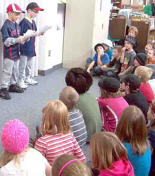 I LOVE TO READ. Each year, as part of I Love to Read Month, two second grade boys work together to read the skit "Who's on First" by Abbott & Costello. This year, Andy Teal and Owen Sikkink worked together and electrified the audience of the entire second grade and one third grade class. They did such an amazing job. They literally had the entire group laughing and engaged!