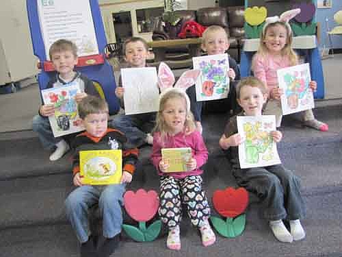 Students at the Stewartville Child Care Center displayed their Easter books and art projects last week. Children include, front row, from left, Kellen Prinzing, Elise Rester and Dane Cole. Back row, from left, Boden Skustad, Jack Steiger, Brecken Rester and Addison Prinzing. The Child Care Center is affiliated with Stewartville Christian Church. 