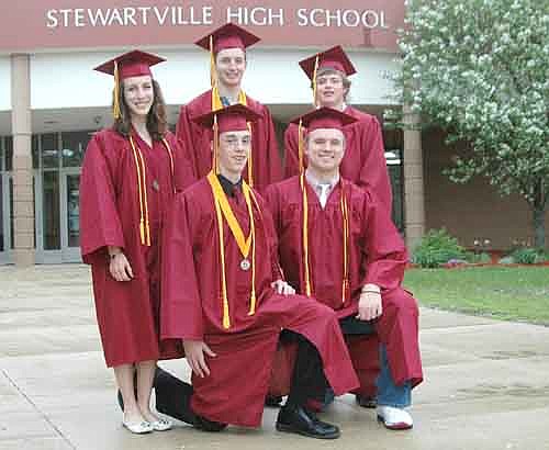 Members of the Stewartville High School class of 2013 will receive their diplomas at the annual commencement ceremony at the SHS gym this Friday, May 31 beginning at 7 p.m. Class speakers who will address their fellow graduates include, kneeling, from left, Paul Trisko and Aaron Simmons. Standing, from left, Laura Louks, Matthew Terhaar and Kyle Sivesind.