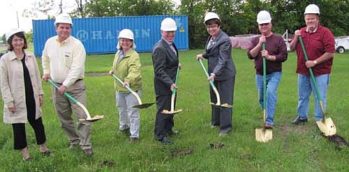 Local and area officials broke ground for the Stewartville Fire Department's new $1.8 million Fire Hall on Monday night, June 3. Those who took part in the ceremony included, from left, Tammy Nordine and Gary Nordine of Reliable Contractors, construction manager for the Fire Hall job; Councilperson Wendy Timm, Mayor Jimmie-John King, State Sen. Carla Nelson, and councilpersons Gary Stensrud and Roger Hanson.