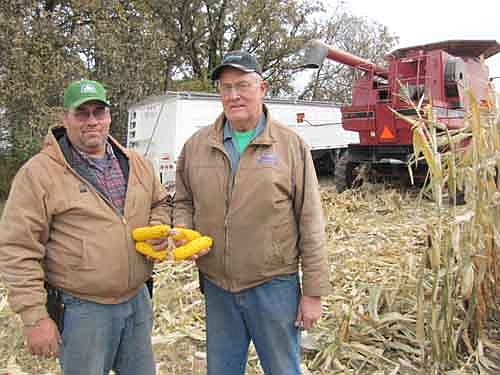 Ed Twohey, left, and his dad Frank, who farm 1,130 acres near Stewartville, are pleasantly surprised by the 100- to 168-bushels per acre yields they're getting from their 600 acres of corn. Bill Twohey, Ed's brother, also assists on the family farm.
