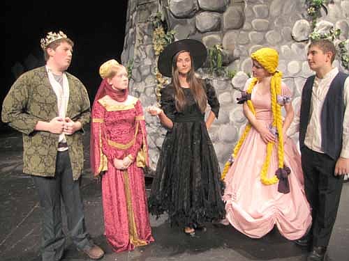 Stewartville High School will present "Rapunzel" at the SHS Performing Arts Center this Friday, Nov. 15 and Saturday, Nov. 16 at 7 p.m. both evenings, and this Sunday, Nov. 17 at 2 p.m. Above, the Wicked Witch (Adriana Nelsen-Gross), center, appears puzzled as, from left, Nathan Lange (Simon), Holly Gebel (the Queen), Cassidy McCartan (Rapunzel)&#8200;and Brandon Lange (Prince Brian) look on during a dress rehearsal last week.