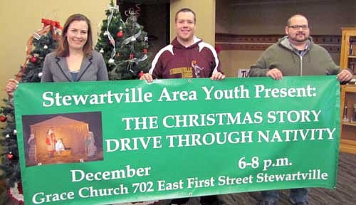 Anna Wencl, youth director at Zion Lutheran Church; Andrew Langseth, pastor at Grace Evangelical Free Church; and Jeremy Krekula, youth pastor at Stewartville United Methodist Church, are looking forward to the Live Nativity at Grace Free Church this Saturday, Dec. 14.