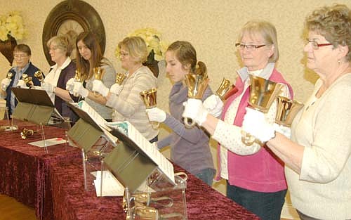 The St. John's Lutheran Church Handbell Choir performed for a large audience at the Stewartville Care Center last week. It was the group's first performance ever outside of the church. Members include, from left, LuAnn Gotch, director; Lana Emmons, Hannah Andrews, Kathy Boettcher, Laura Louks, Kathy Tordsen and Audrey Oehlke.