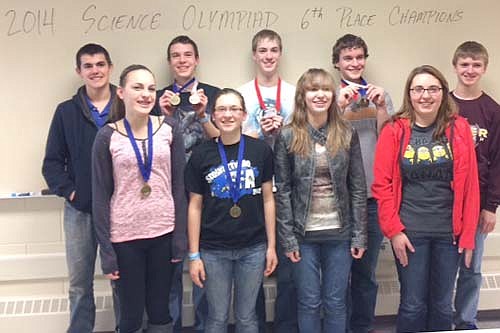 The Stewartville High School Science Olympiad team captured sixth place at the regional science competition at Century High School on Feb. 8. The team has now advanced to state competition at Bethel University in St. Paul on Saturday, March 8. The team also earned two first-place medals, a second-place medal and a third-place medal for individual events. Team members are, front row, from left, Heather Husgen, Amelia Welter, Kelsey Meyer and Lacey Ratajczyk. Back row,  from left, David Rysted, Jared Trisko, Jacob West, Sam Vande Loo, and Michael Stageberg.  David Sklenicka is the team's coach.
