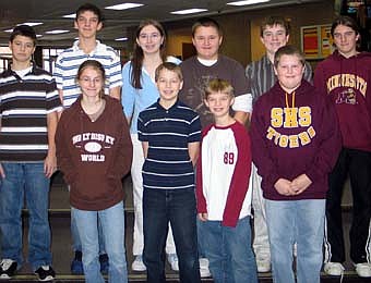 Earlier in December, 148 seventh-grade students participated in the school's preliminary round, during which the competitors were narrowed down to 10 finalists, including, pictured below, front row, from left, Chloe Kidd, Jacob Narveson, Micah Ostegard and Dustin McHenry. Back row, from left, Nate Muller, Will Gisler, Sarah Bloomquist, Austin Krenke, Aaron Simmons and Nicole Stanley. Simmons will now advance to the next level of competition, which means he will take a written examination to determine who will compete at the state level.  All school winners are eligible to win the national championship and the $25,000 college scholarship that goes along with it. The national competition will be held in Washington D.C. on May 20-21.  Alex Trebek, host of "Jeopardy," will moderate the national finals, which will air on television. 