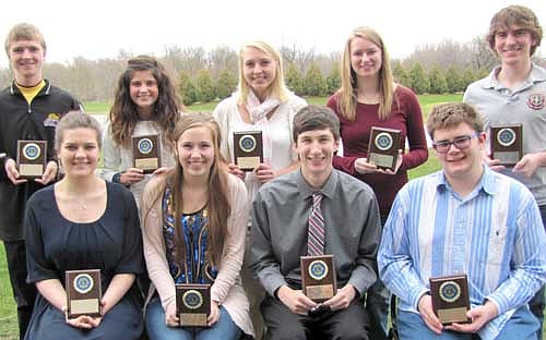 The Stewartville Lions Club held its annual luncheon to honor Stewartville High School's Students of the Month for the 2013-14 school year at Riverview Greens Country Club last week. Gordy Koehn of the Lions Club was the master of ceremonies fpr a program to honor the senior students, who include, front row, from left, Anne Weston, Jessica Twohey, Dain Bauman and Sam Edge. Back row, from left, Michael Stageberg, Emma Hale, Jessica Rosenblad, Eleni Solberg and Isaiah Grafe.