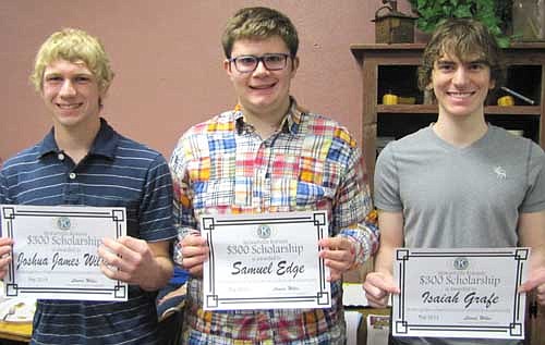 SCHOLARSHIP RECIPIENTS -- From left, Josh Wilson, Sam Edge and Isaiah Grafe each earned a $300 scholarship from the Stewartville Kiwanis Club.