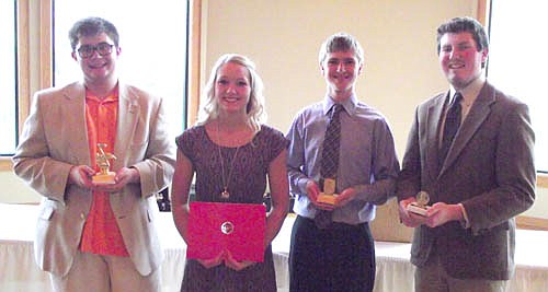 Specialty award recipients for the Stewartville High School Band for the 2013-14 school year include, from left, Sam Edge, MVP; Stephanie Schmidt, Semper Fidelis Award; Michael Stageberg, Louis Armstrong Award; and Nathan Lange, John Philip Sousa Award.