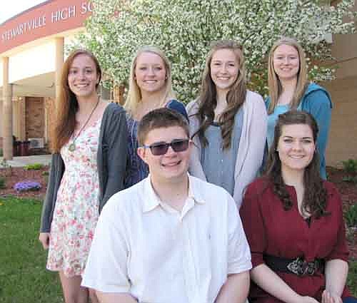 Six students will graduate with highest honors when the Stewartville High School class of 2014 celebrates its commencement at the SHS gym on Friday, June 6. Highest honors graduates include, front row, from left, Sam Edge and Anne Weston. Back row, from left, Madeline Grimm, Stephanie Schmidt, Jessica Twohey and Eleni Solberg. To graduate with highest honors, a student must maintain at least a 3.90 cumulative grade point average throughout grades 9-12.