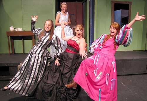 Cinderella (Kallie Quinn) watches from above while, from left, Joy (Calli McCartan) Beulah (Melissa Adams-Goihl) and Portia (Cassidy McCartan) describe how wonderful it was to meet the prince at the ball during a dress rehearsal for the Stewartville Community Theatre production of "Cinderella," which will debut at the Performing Arts Center this Friday, Aug. 1 at 7:30 p.m.