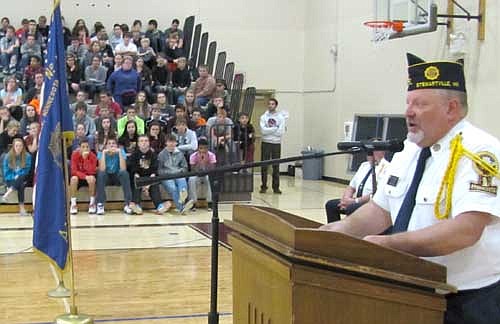 Thom Blade, the commander of the Stewartville American Legion Post 164, was the featured speaker at the annual Veterans Day ceremony at Stewartville High School on Tuesday, Nov. 11. Blade spoke of the American Legion family, which includes the American Legion Auxiliary, the Sons of the American Legion and the American Legion Riders.