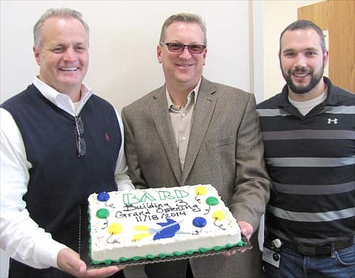Bard leaders who celebrated the opening of the company's new $17 million catheter facility last week include, from left, Mark Thorburn, head of operations for Bard Medical Division; Jeff Ambourn, plant manager in Stewartville; and Matt Hodder, process engineer.