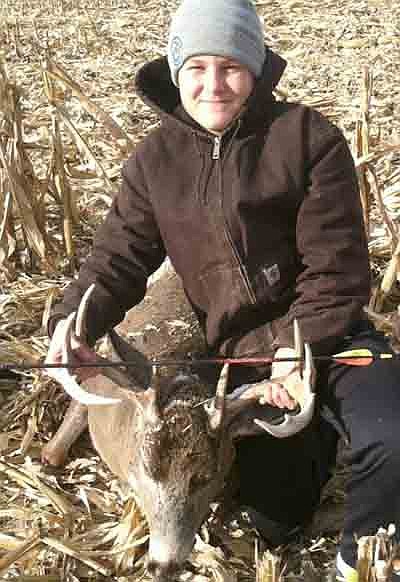 On his first bow hunting experience in mid-November, Eddie Becker of Stewartville bagged a 200-pound, eight-point buck from 35 yards away while hunting with his dad.
