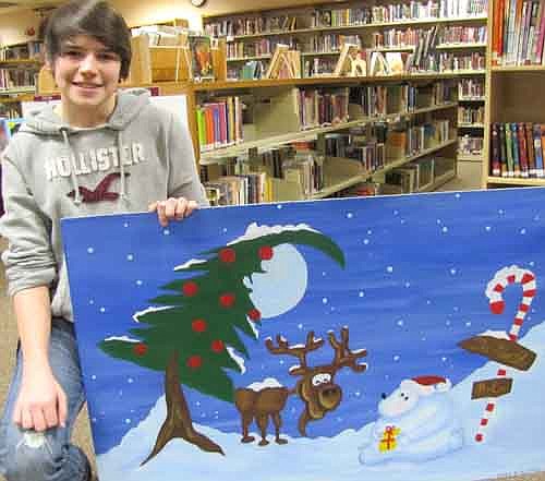 Quinn Pribyl, a junior at Stewartville High School, used a mix of tempera and house paint to draw The North Pole, a work that includes a tree bending in the wind, a moose and a candy cane. Pribyl's drawing was one of many available at the SHS Art Gala and Silent Auction at the Stewartville Civic Center Dec. 5-7. For more information about the event, see the feature story on Page 12. Pribyl said he likes art because there are no limits as to what students can do. "Your mind can run however you want it to," he said.
