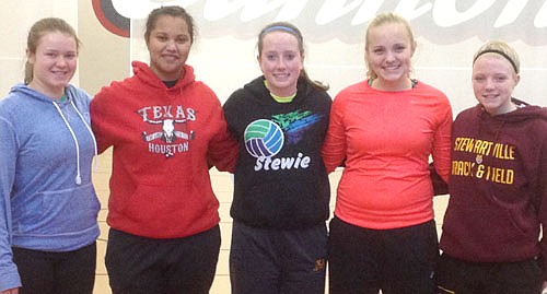 Stewartville High School's Olympic Weightlifting team, including, from left, Coach Liz Becker, DeNea Dozier, Mack Van De Walker, Kaylee Smidt and Madison Rediske, recently competed at its first-ever meet in Cannon Falls. Mackenzie Van De Walker snatched 27 kilos (60 pounds) and clean-and-jerked 36 kilos (80 pounds) for a total of 63 kilos. She placed fifth overall in the 69-kilo weight class for junior varsity girls. Stewie's next meet is Jan. 17 at Northfield High School.