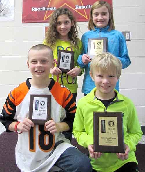 Winners of the Elk Hoop Shoot at Bonner Elementary School include, front row, from left, Reed Neubauer, first place, boys, 17 of 25 free throws; and Ayden Helder, second place, boys, 16 of 25 free throws.  Back row, from left, Kayla Byrne, first place, girls, 11 of 25 free throws; and Ayan DeCook, second place, girls, 10 of 25 free throws.