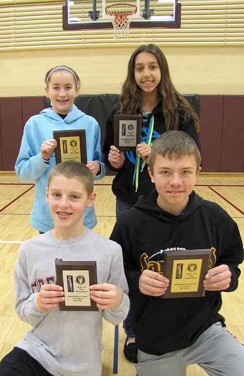 Winners of the Elks Hoop Shoot at Stewartville Middle School include, front row, from left, Cade Looney, second place, age 12-13 boys, 19 of 25 free throws; and Evan Buri, first place, 12-13 boys, 21 of 25 free throws. Back row, from left, Lily Welch, first place, age 12-13 girls, 22 of 25 free throws; and Kaitlyn Prondzinski, second place, 12-13 girls, 17 of 25 free throws.