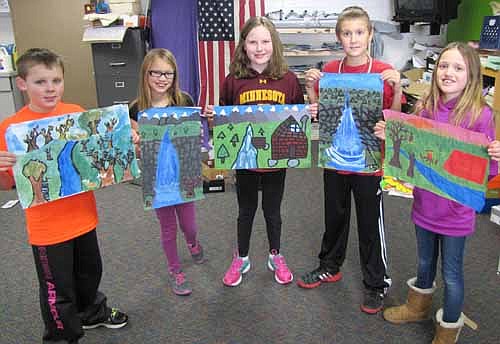 Fourth graders at Central Intermediate School display their recently completed landscape paintings. Artists include, from left, Dylan Smith, Michelle Manning, Lauren Howe, Isaac Larson and Kaylie Doherty. Tyne Wynn, art teacher at Central, said that the students mixed all their own colors to complete their paintings.
