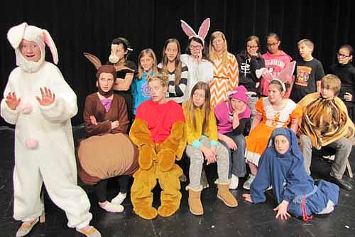 Rabbit (Isabel Field) "organdise's" a plan to fix things by forming a committee during a rehearsal for upcoming Stewartville Middle School production of The House at Pooh Corner. Committee members in the front row, from left, include Kanga (Rachel Husgen), Pooh (Ellie Fryer), Christa Robin (Payton Maas), Piglet (Olivia Nicklay) Late (Maya Ramp), Owl (Cooper Reed) and Eeyore (Katelyn McClellan). The show's plot revolves around the fact that Winnie the Pooh, Piglet and others plan to build a house for their friend Eeyore. Gary Kadansky, the play's director, is looking forward to an excellent show. "All the lovable characters from the A.A. Milne book will be on display, though a few adaptations were needed," Kadansky said.